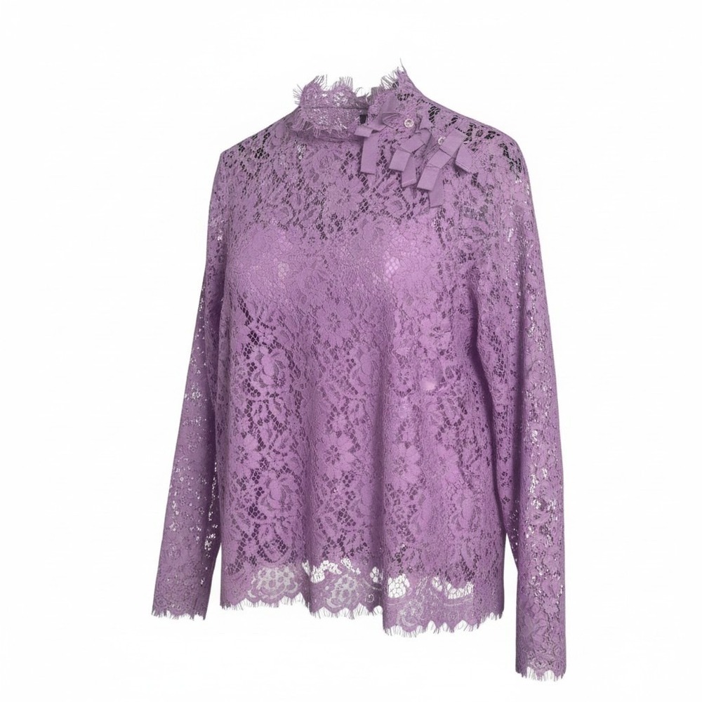 J.Crew Pink Floral Corded Lace Mock Neck Bow Blouse Size 12 Long Sleeve‎